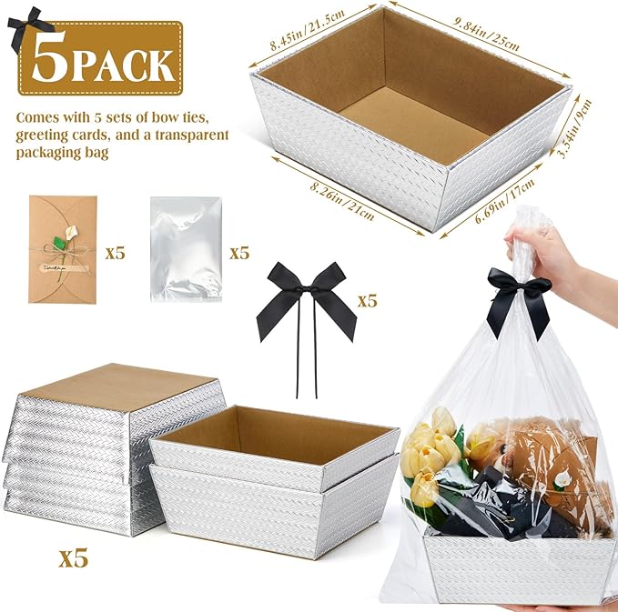 Wonderjune 20 Pcs Valentines Day Gift Baskets Empty To Fill Baskets For Gifts Empty With Gift Bag Bow Valentines Gifts Storage Basket Bulk for Wedding Party Wrapping(Diagonal Silver)