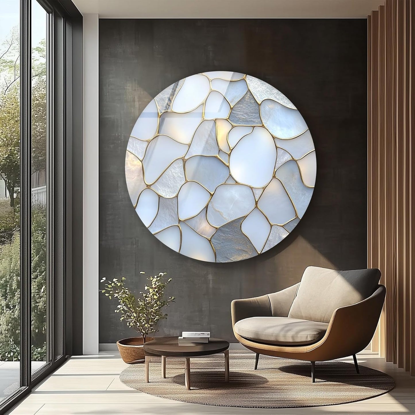 My Photostation.com 15.8''(40cm) Diameter White Stone Mosaic Round Glass Wall Art Tempered Glass Printing Wall Decor Large Wall Art Wall Hangings