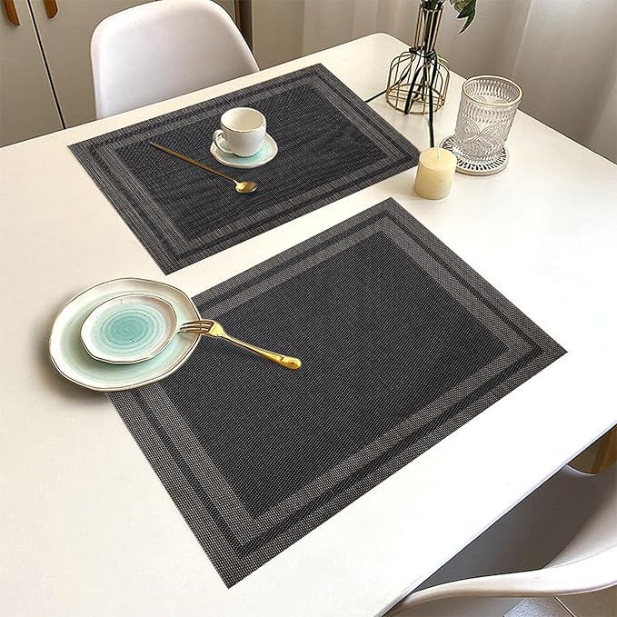Placemats Set of 12 Washable&Wipeable Place mats for Dining Table Kitchen Indoor Outdoor Table Mats Heat Resistant Non Slip Woven Vinyl Table Placemats (Black，12PCS)