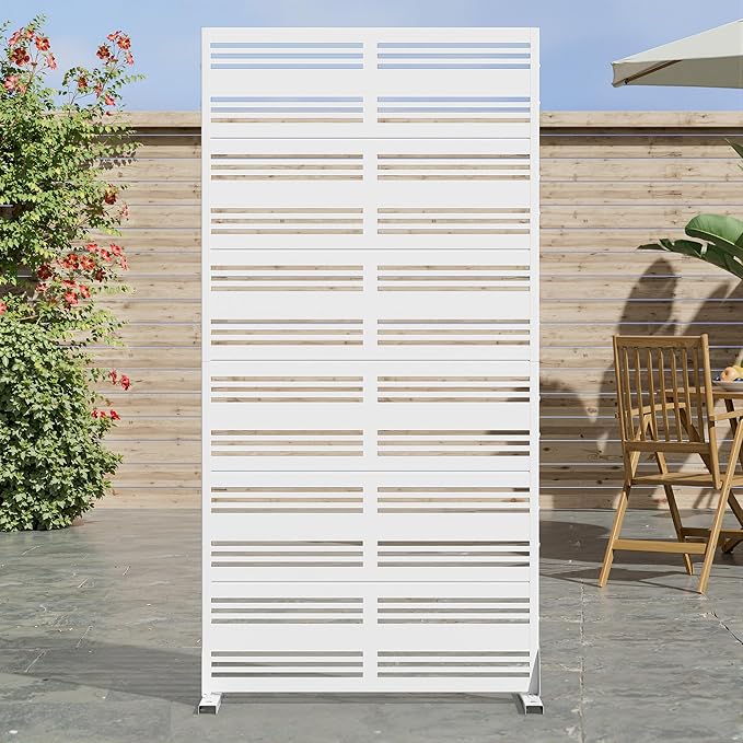 Casaphoria 72" H x 35" W Metal Privacy Screen, Outdoor Freestanding Decorative Divider for Patio, Deck, Balcony, and Garden with Stable Base, White-Harold