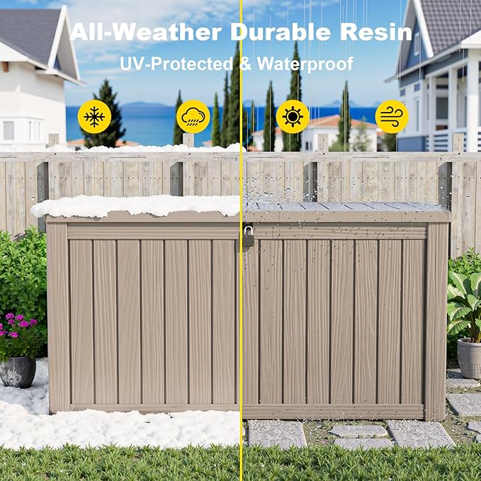 180Gallon Waterproof Outdoor Storage Box, UV Resistant Resin Deck Box with Hydraulic Rod for Reinforced Stability, Perfect for Patio, Garden, and Pool, Striped Beige