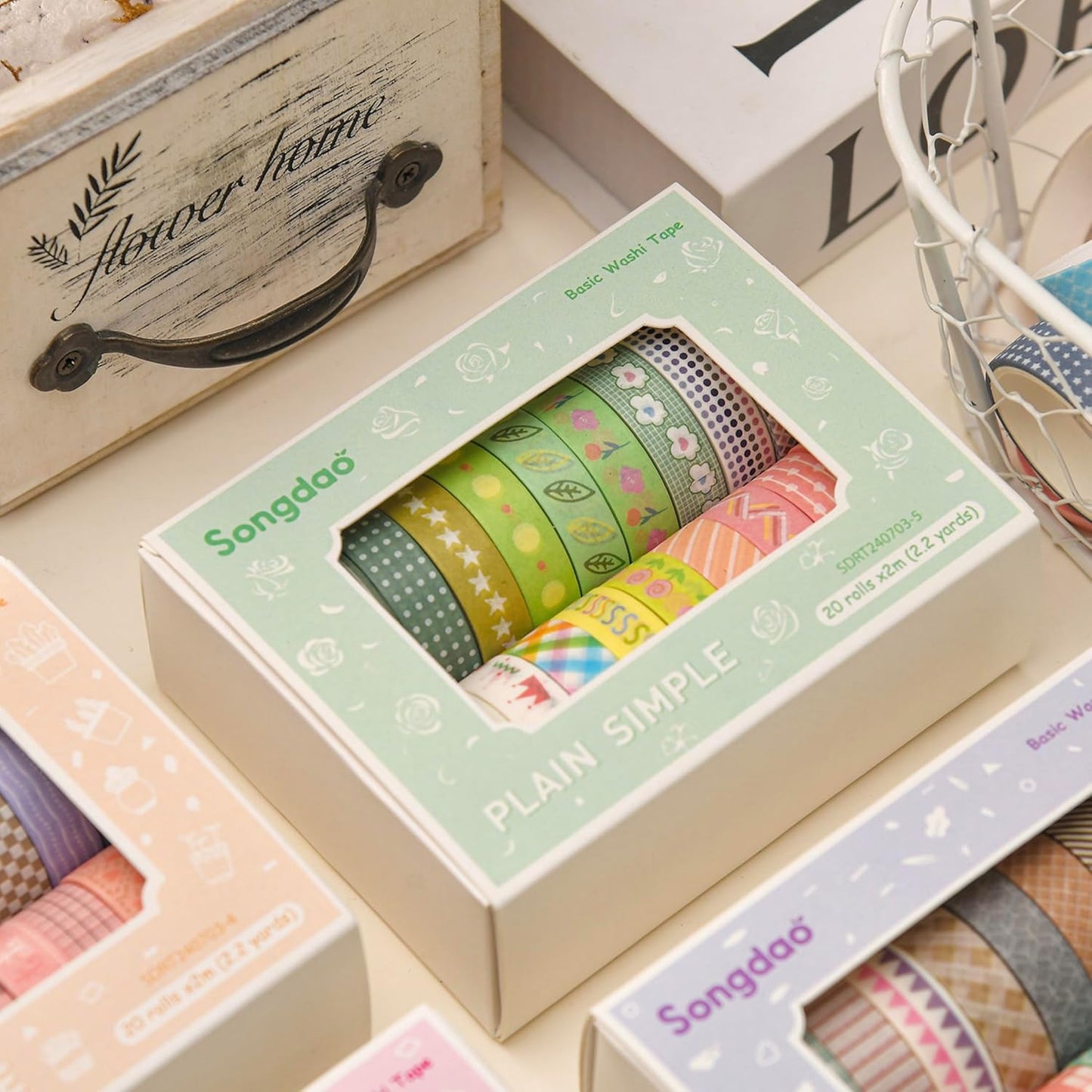 20 Rolls Basic Washi Tape Set Japanese Arts Adhesive Tapes Simple Patterns Decorative Masking Tape Sets for Craft, Kids, Scrapbook, DIY, Gift Wrapping (Style Five)