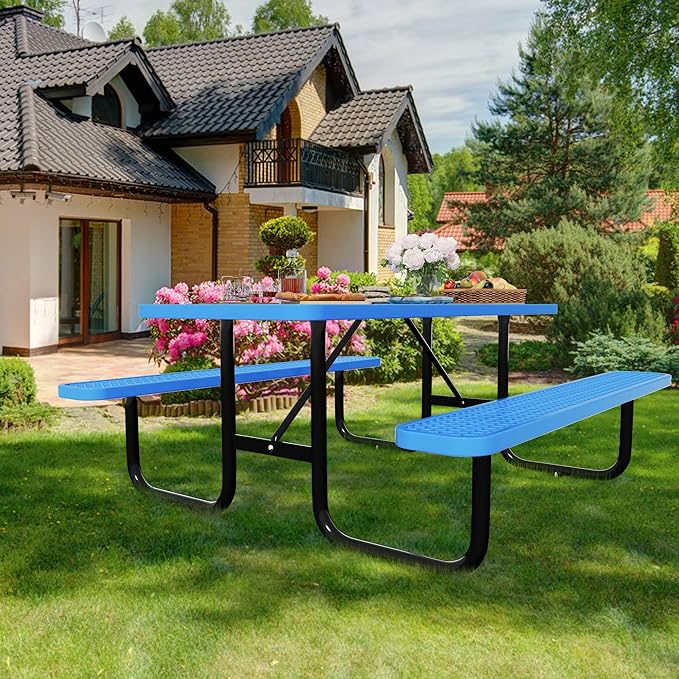 6FT Rectangular Metal Picnic Table for Outdoors, Commercial Steel Metal Picnic Tables, Heavy Duty Sturdy Picnic Tables Furniture Set for Patio Garden Courtyard BBQ, with Umbrella Hole, Blue