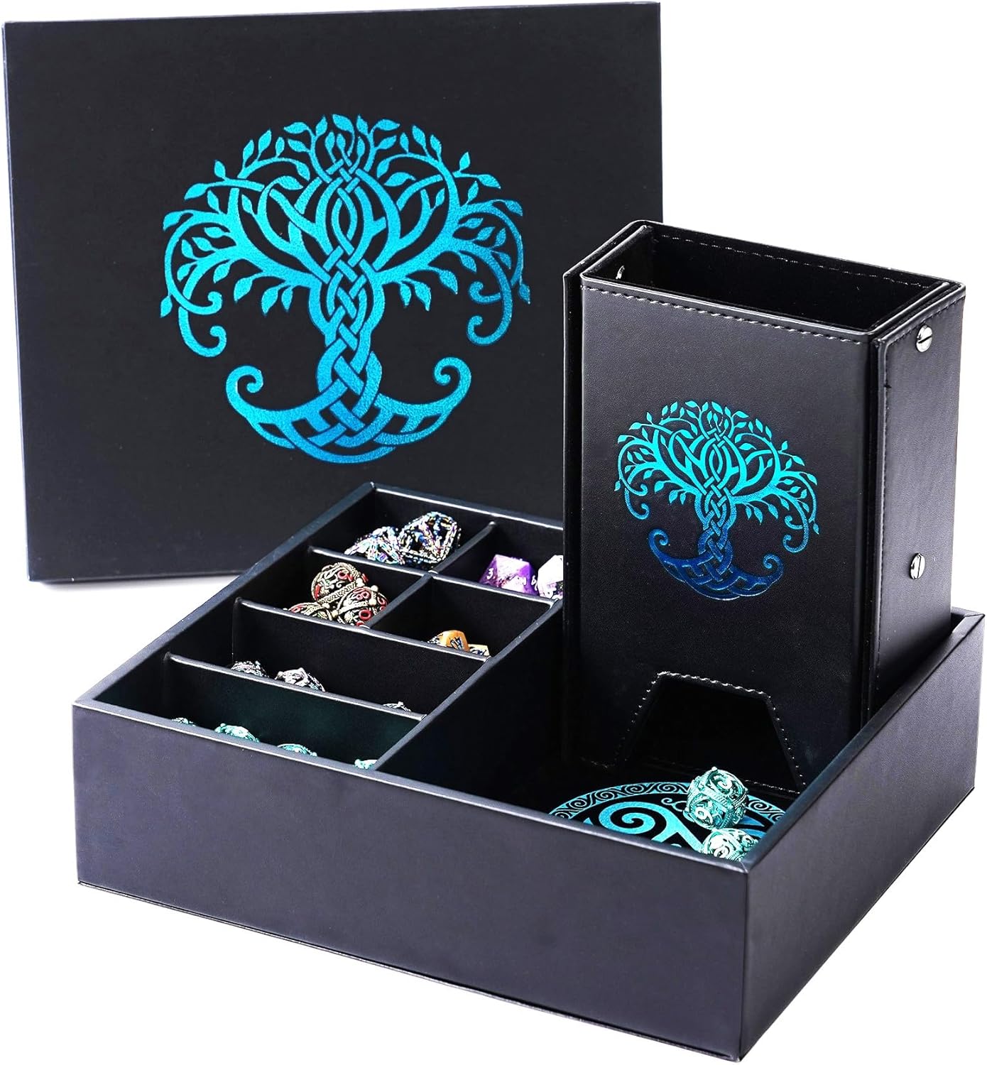 Dice Tray and Dice Tower for DND and RPG - All-in-One Game Roamer Tray & Large Tower for Random Rolls - Stores Your Sets, Mini's and More Compatible with D&D (Blue Tree)
