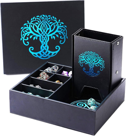 Dice Tray and Dice Tower for DND and RPG - All-in-One Game Roamer Tray & Large Tower for Random Rolls - Stores Your Sets, Mini's and More Compatible with D&D (Blue Tree)