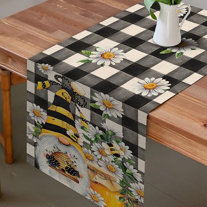 Seliem Spring Bee Gnome Table Runner, Honey Black White Buffalo Plaid Check Home Kitchen Dining Decor, Summer Seasonal Farmhouse Daisy Decorations Indoor Outdoor Anniversary Party Supply 13 x 36 Inch