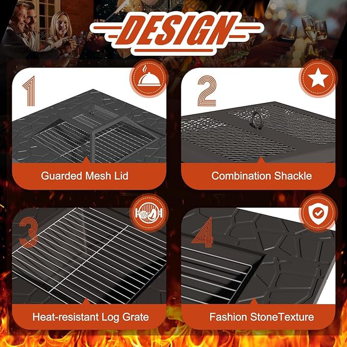 U-MAX Fire Pit Table, 30 Inch Wood Burning BBQ Grill Firepits, Metal Fireplaces with Waterproof Cover, 3 in 1 Fire Pits for Outside Party Barbecue Camping Picnic on Deck Backyard Garden, Black