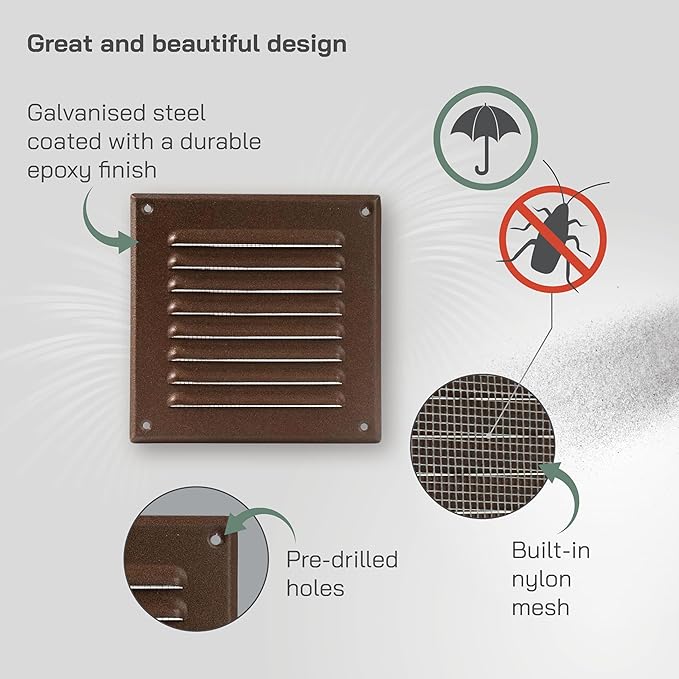 Vent Systems - 5 x 5 Inch (Inner) Pack of 10 Brown Metal Square Soffit Air Vent Grille Cover, Register Vent Deflector Louver Built-in Mesh HVAC for Bathroom Home Office Kitchen 6.5" x 6.5" (Outer)