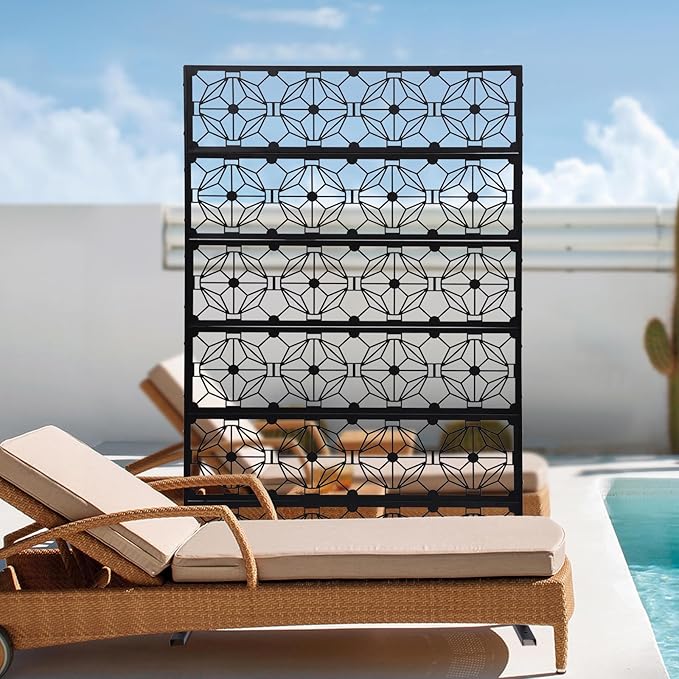 Metal Outdoor Divider 71x40'' Privacy Screens 6 Panels Privacy Fence with Stripe Pattern, Freestanding Decorative Privacy Screen for Patio Balcony Deck Garden Backyard (Model B)