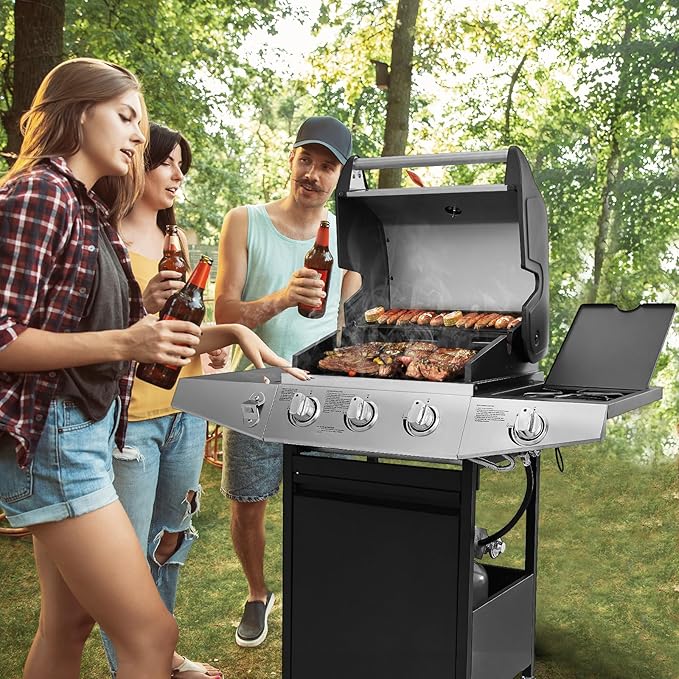Lyromix 3 Burners Gas Grill with Side Burner, Propane Grill with Wheels and Storage, Outdoor Gas BBQ with Oil Tray and Thermometer for Patio and Party, 37000 BTU