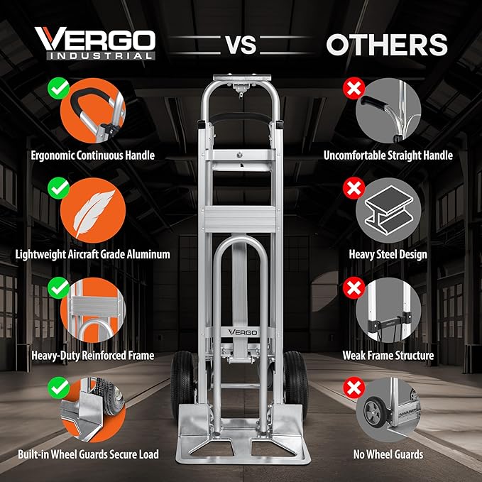 Vergo Industrial Convertible Hand Truck - AS7A2 Heavy Duty Aluminum 3 in 1 Dolly (750 lb Capacity) Lightweight Frame, Ergonomic Handle, Extendable Loop, Versatile Moving Dolly (3 Positions, 53" High)