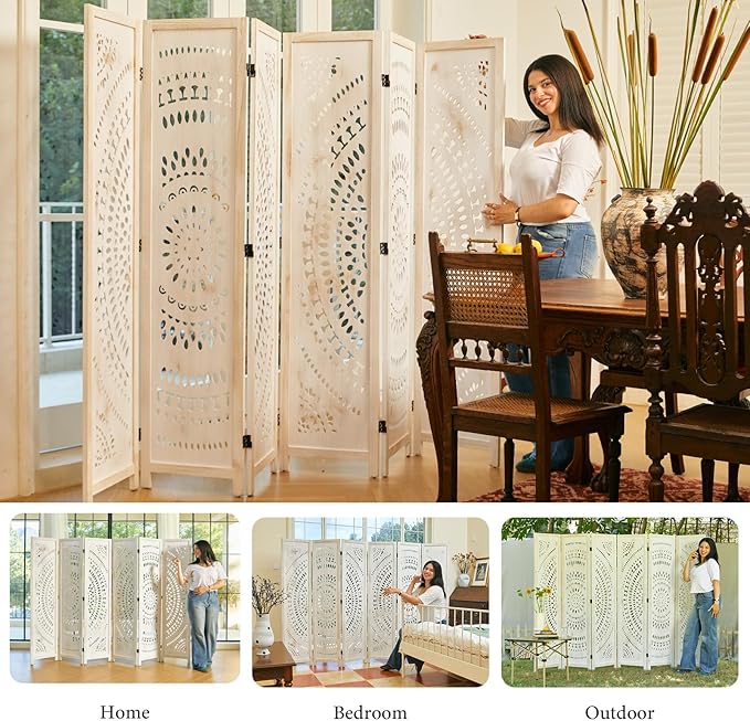 Room Divider Wood Carved Wall Divider Indoor Folding Bohemian Style Portable Partition Screen for Home Office Garden Terrace - 6 Panels (Antique, White-Washed)