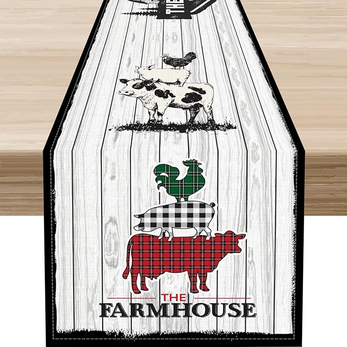 Farmhouse Pig Cow Table Runner, Rustic Black Rooster Animals Coffee Table Center Decor for Family Kitchen Dining Room and Living Room Outdoor Country Holiday Party Table Decorations, 13" X 36"