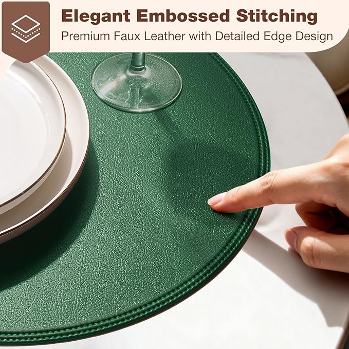 Round Vinyl Green Placemats Set of 6, Faux Leather Waterproof Wipeable Heat Resistant Place Mats, Washable Table Mats for Halloween, Thanksgiving & Christmas Dinner(Green)