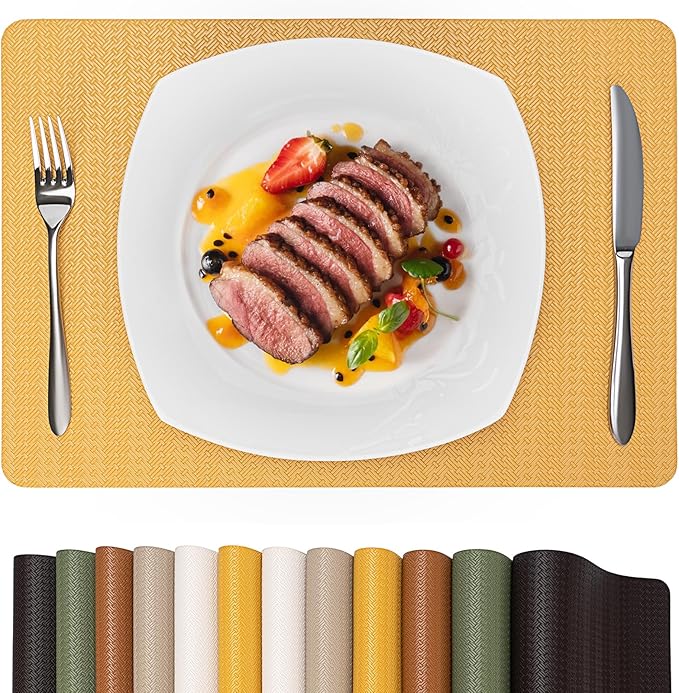 Faux Leather Placemats Set of 4 – 17x12 Inch Vinyl Table Mats, Heat Resistant, Non Slip, Wipeable & Washable, Easy to Clean Dining Table Decor for Kitchen & Dining Room（Golden Yellow）
