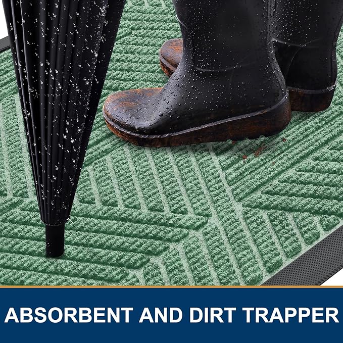 Smiry Front Door Mat Outside Entrance, Heavy Duty Sturdy Natural Rubber Doormat, Trap Dirt and Moisture, Easy Clean Low Profile Mats for Indoor Outdoor Entry, Irregular Triangle (36x24, Mint Green)