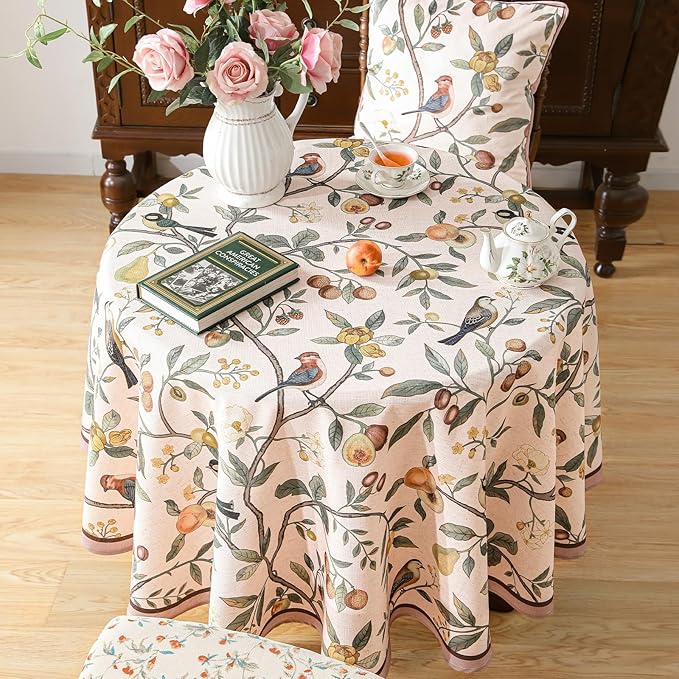 Linen 67 Inch Round Tablecloth,Wrinkle Resistant French Pink Tablecloth Print with Froal,Decor Stitch Table Cloth for Thanksgiving,Dining Room,Home,Kitchen Diameter 67"-Dewey A