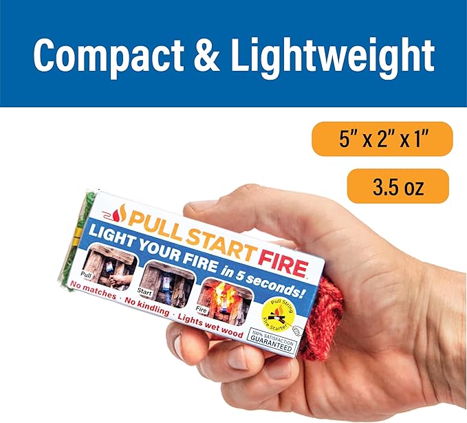 Pull Start Fire Pull String Firestarter | No Matches Required, Fire Starts in Seconds | for Campfires, Grill, Fireplace, BBQ | Lights Wet Wood, Easy to Use, Food Safe and Weather Resistant