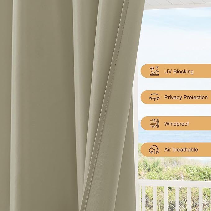 HolidayIdeas Waterproof Patio Outdoor Curtains with Rod Pocket 6 Panels- UV & Privacy Protect Weatherproof Gazebo Outdoor Drapes for Porch, Balcony, Apartment, Sliding Glass Door, Taupe, 54x84 Inch