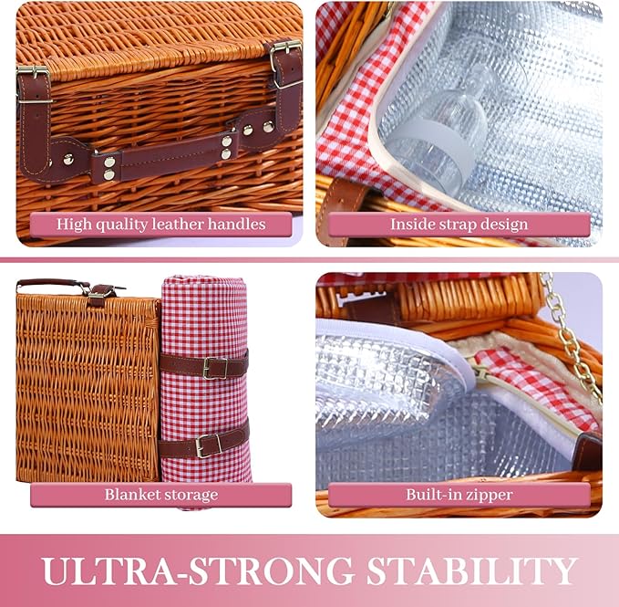 Neti Neti Wicker Picnic Basket for 4 with Insulated Cooler & Waterproof Blanket – Large Willow Picnic Hamper for Outdoor, Camping, Beach, Romantic Dates, Valentine’s Day