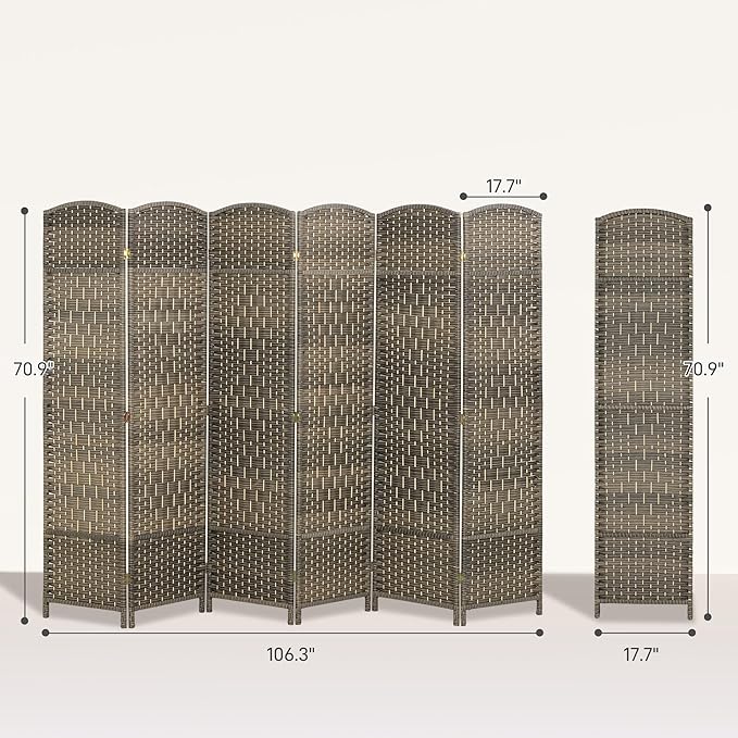 HOMCOM 6 Panel Room Divider, 6' Tall Folding Privacy Screen, Hand-Woven Freestanding Wall Partition for Home Office, Bedroom, Dark Rustic Oak
