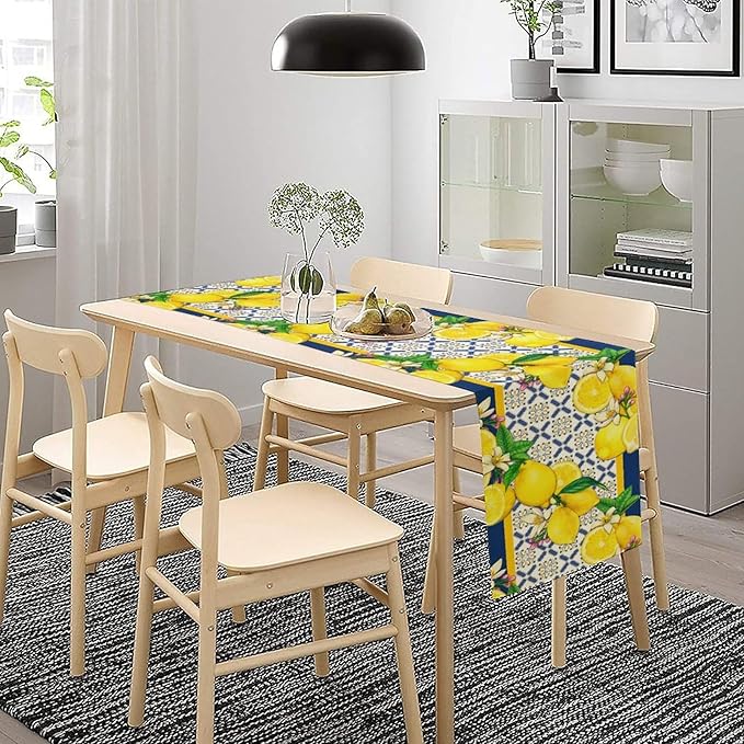 Yellow Lemon Table Runner, Spring Summer Seasonal Blue Tiles Watercolor Lemon Table Runner for Farmhouse Kitchen Indoor Outdoor Party Decor, 13x70inch