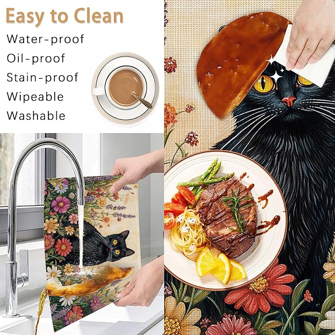 Black Cat Placemats Set of 6,Color Flower Waterproof Non-Slip Washable Table Mats for Kitchen Dining Holiday Party Wedding Decor 12x18 Inch