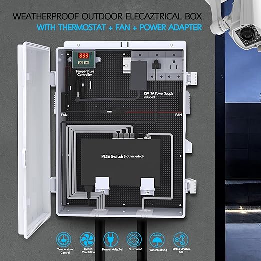 Outdoor Electrical Box, Waterproof Electrical Junction Box IP65 ABS Plastic Enclosure with Fan & Thermostat, Mounting Plate and Hinged Lid (18.1" Hx 12.5" L x 6.3" W)