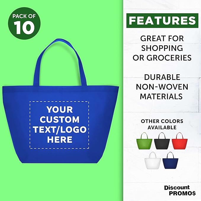 DISCOUNT PROMOS Custom Southern Style Grocery Tote Bags Set of 10 - Personalized Bulk Pack, Reusable Grocery & Shopping Bags - Great for Travel, Carry on Bag, Business Promotions - Blue - 20"X13"X8"
