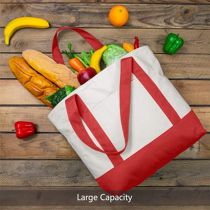 TOPDesign 6-Pack Canvas Tote Bags with an External Pocket, Reusable Grocery Shopping Bags, Top Zipper Closure, Daily Essentials (Red/Natural)