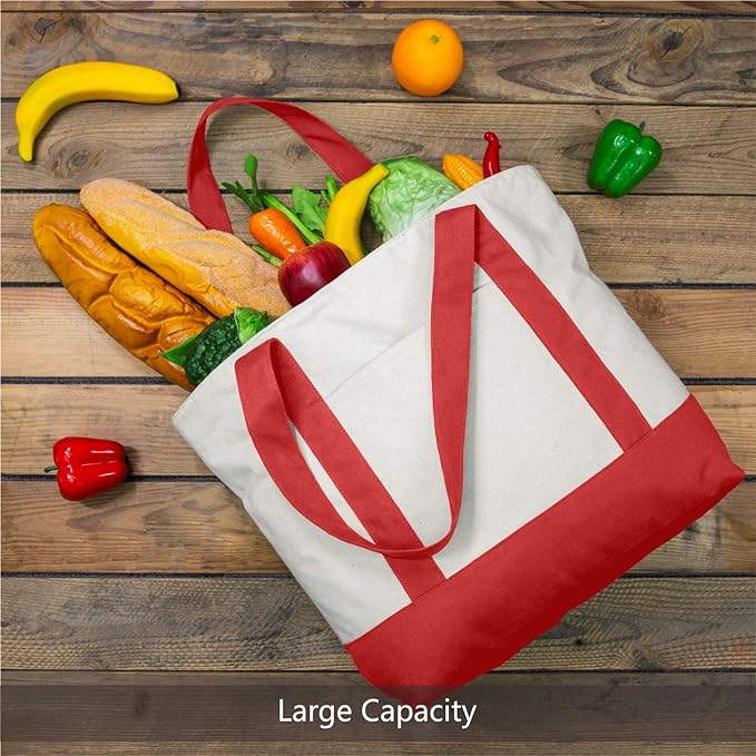 TOPDesign 1-Pack Canvas Tote Bag with an External Pocket, Reusable Grocery Shopping Bag, Top Zipper Closure, Daily Essentials (Red/Natural)