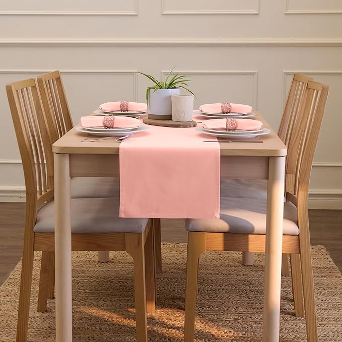 Encasa XO Table Runner 13"x104" Long | Cotton Canvas Fabric | Powder Pink Solid Color | Machine Washable & Durable