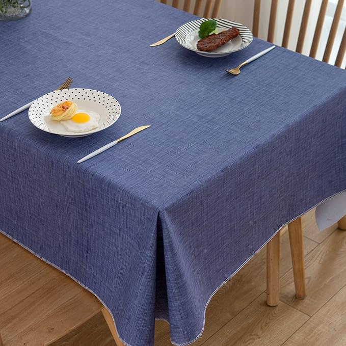 LIBERECOO Vinyl Tablecloth with Flannel Backing, Denim Blue, Waterproof, Stain-Resistant, Easy-Clean Table Cover for Dining, Kitchen, and Outdoor Use, 60" x 102" Rectangle