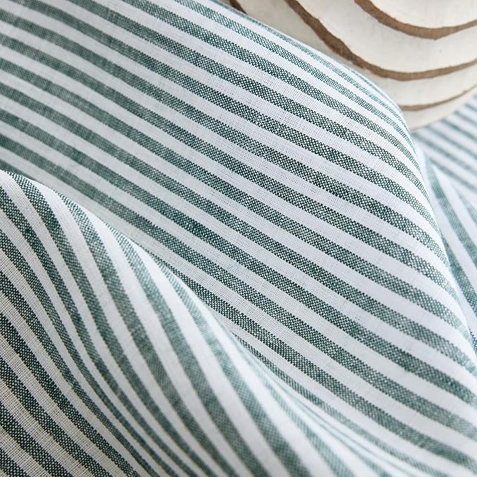 Solino Home Linen Striped Table Runner 108 Inches Long - Narrow Stripe 100% Pure Linen Rainforest and White Dining Table Runner 14 x 108 Inch for St Patricks Day