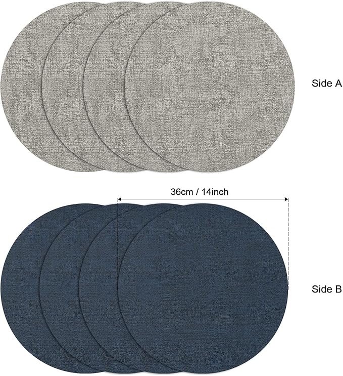 Myir JUN Round Placemats Dual Sided, Faux Leather Place Mats Set of 4 Indoor Placemats for Dining Table Outdoor Placemats Non-Slip Washable Table Mats (Set of 8, Gray Blue)