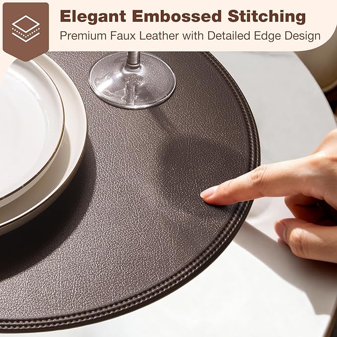 Round Vinyl Brown Placemats Set of 6, Faux Leather Waterproof Wipeable Heat Resistant Place Mats, Washable Table Mats for Halloween, Thanksgiving & Christmas Dinner(Dark Brown)