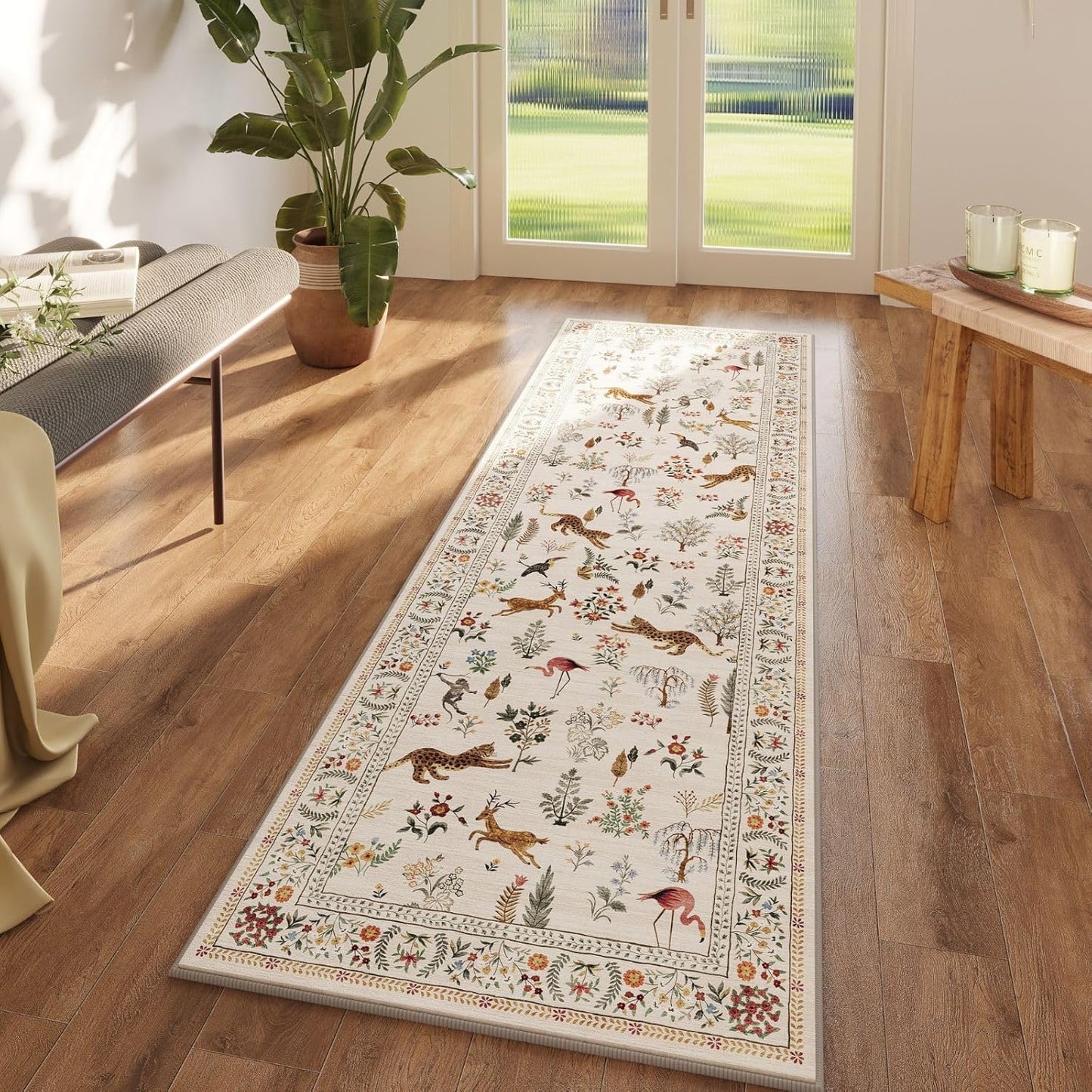 Rugcomf Runner Rug for Kitchen Non Slip 2'6''x8' Washable Rugs with Rubber Backing Soft Floral Animal Carpet Runner for Kitchen, Laundry, Bedroom, Bathroom (Beige)
