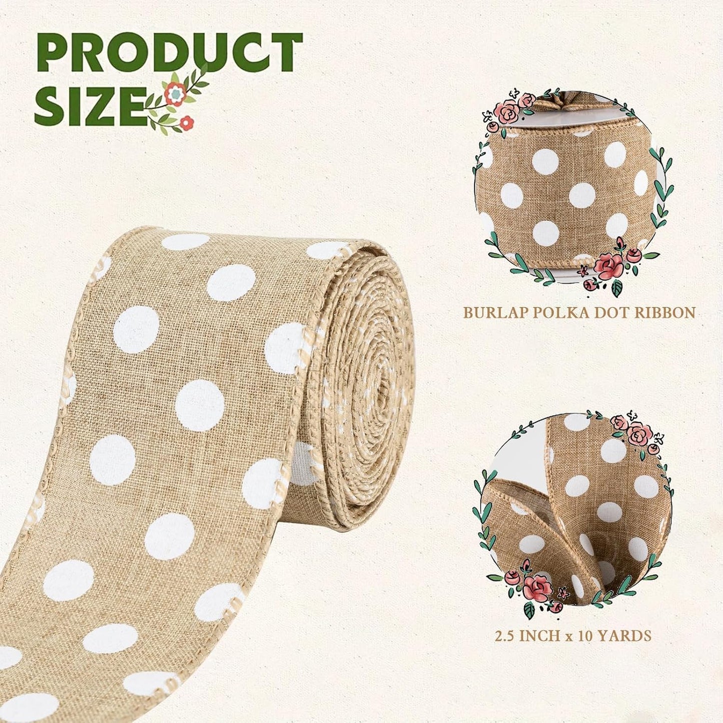 Burlap Ribbon Wired, Farmhouse Rustic White Dots Ribbon for Gifts Wrapping DIY Crafts Floral Bows Wreath Making Party Supplies Holiday Home Decoration, 2.5 Inch x 10 Yards