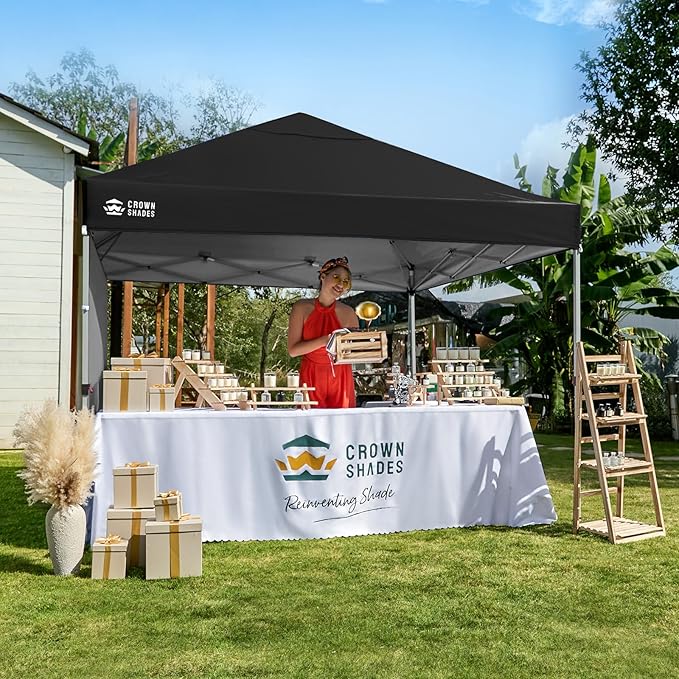 CROWN SHADES 8x8 Pop Up Canopy with 1 Side Wall - Beach Tent with One Push Setup - Outdoor Sun Shade for Events, Parties, Camping - Gazebo with STO-N-Go Cover Bag (Black)