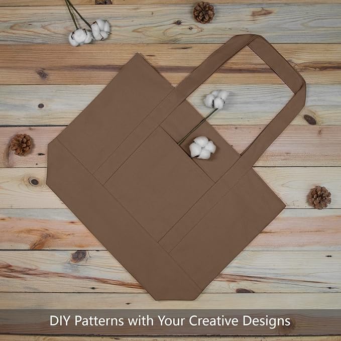 TOPDesign 6-Pack Canvas Tote Bags with an External Pocket, Reusable Grocery Shopping Bags, Top Zipper Closure, Daily Essentials (Brown)