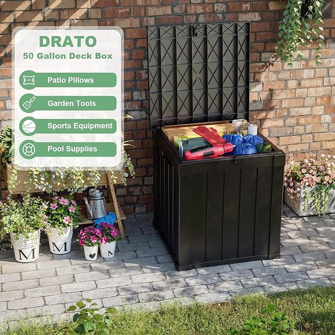 DRATO 50 Gallon Deck Box, Outdoor Storage Box for Patio Cushion, Garden Tools,Waterproof Patio Storage box, Lockable (Black，50 Gallon)