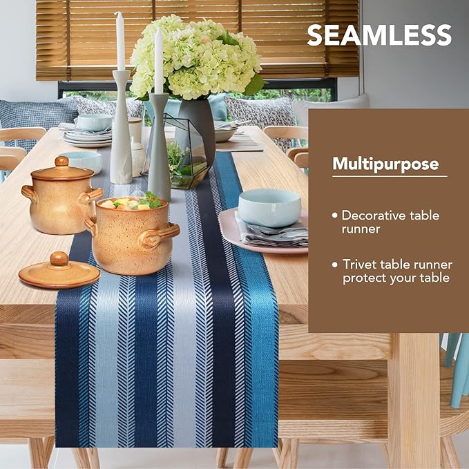 Trivet Table Runner Hot Plates Mat 12 X 40 Inch Heat Resistant Table Protector Waterproof Decorative Farmhouse Kitchen Trivets Counter Heat Proof Placemats for Hot Dishes (Blue Stripe)
