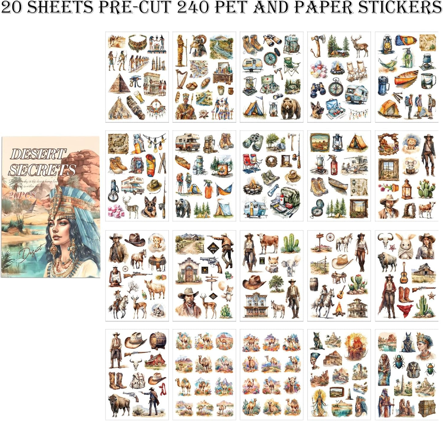 Egypt Travel Scrapbook Stickers 20 Sheets 240 Pre-Cut Washi Stickers PET Transparent Desert Book Sticker for journaling Decorative or DIY Paper Crafts Arts and Crafting Projects