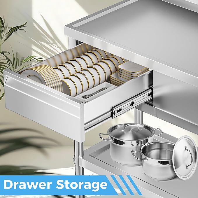 304 Stainless Steel Utility Sink – Free Standing Single Bowl with Workbench, Storage Drawer & Faucet, Hot and Cold Water Pipes for Laundry Room, Farmhouse, Outdoor Use (47")