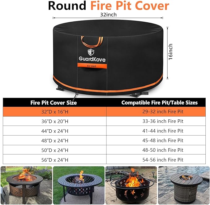 [Upgraded 1000D Heavy Duty Fabric] 32” Fire Pit Cover Round for 29”- 32” Fire Pit/Tables, Waterproof Tear & Fade Resistant Firepit Cover with Buckle, Handle, Drawstring, Air Vent (32”D x 16”H,Black)