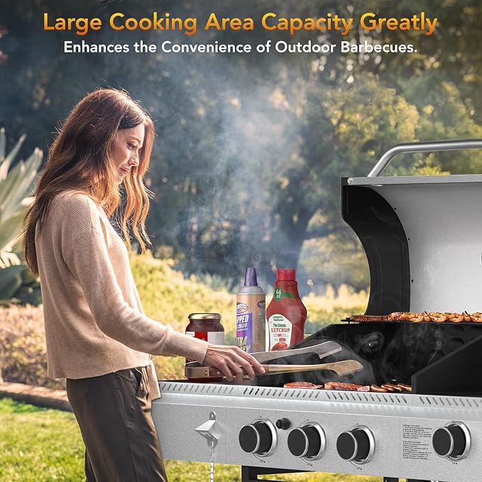 3-Burner Propane Gas BBQ Grill with Side Burner,Stainless Steel Gas Grill with Cast Iron Grates,37000 BTU Barbecue Grill, Suitable for Outdoor Cooking,Camping,Patio Backyard