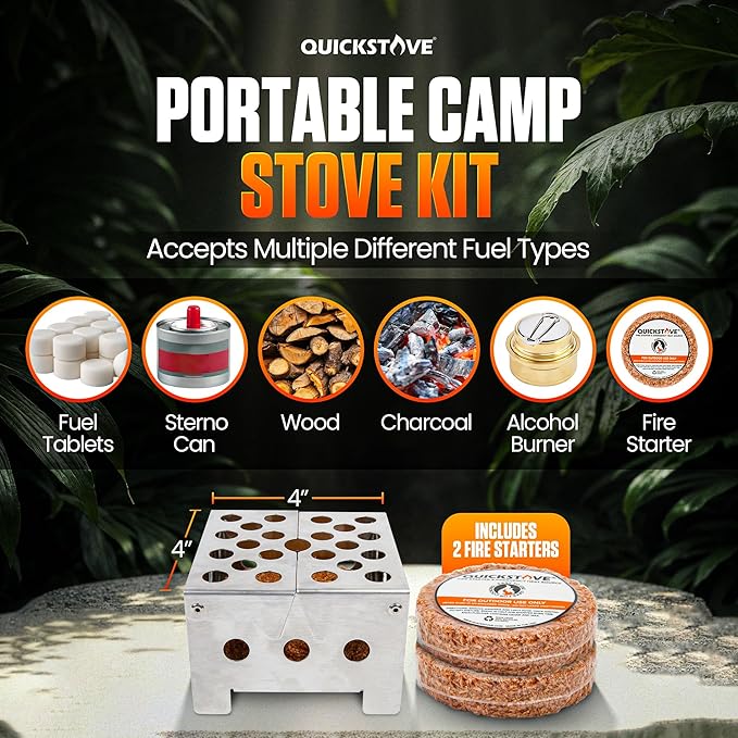 Portable Stove Kit with Camping Pot & 2 Fire Starters, Lightweight Stainless Steel Wood Burning Stove for Emergency Preparedness, Survival Supplies, Camping Gear & Outdoor Cooking