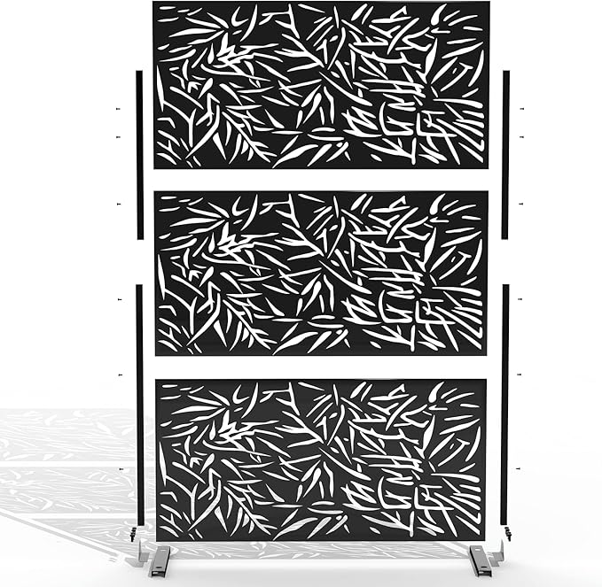 Elevens Patio Privacy Screen Balcony Decorative Screen Set with Stand, Outdoor Decor Privacy Fence Screen, Indoor Room Decorative Divider (Leaf-Black)