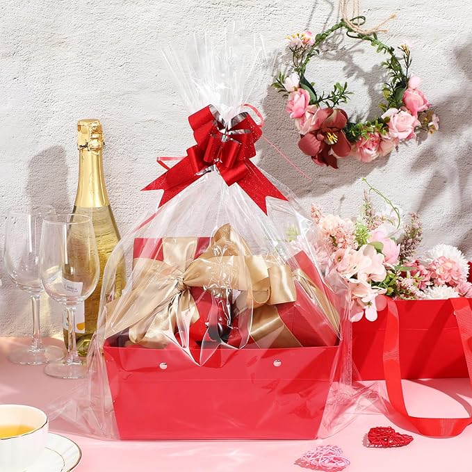 PerKoop 24 Pack Baskets for Gifts Empty Bulk 6.5 x 9.8'' Thick Kraft Gift Basket with Bows and Bags Empty Gift Baskets for Valentine's Day Easter Birthdays Wedding Snacks Farmers Market(Red)
