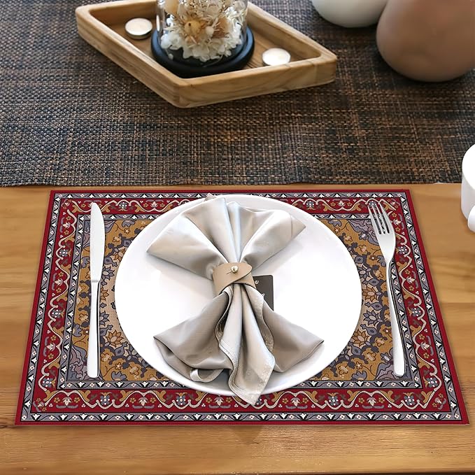 Ethnic Boho Linen Placemats Set of 6,12x18 Inch Vintage Bohemian Washable Table Mats Heat Resistant Place Mats for Home Party Kitchen Dining Decoration